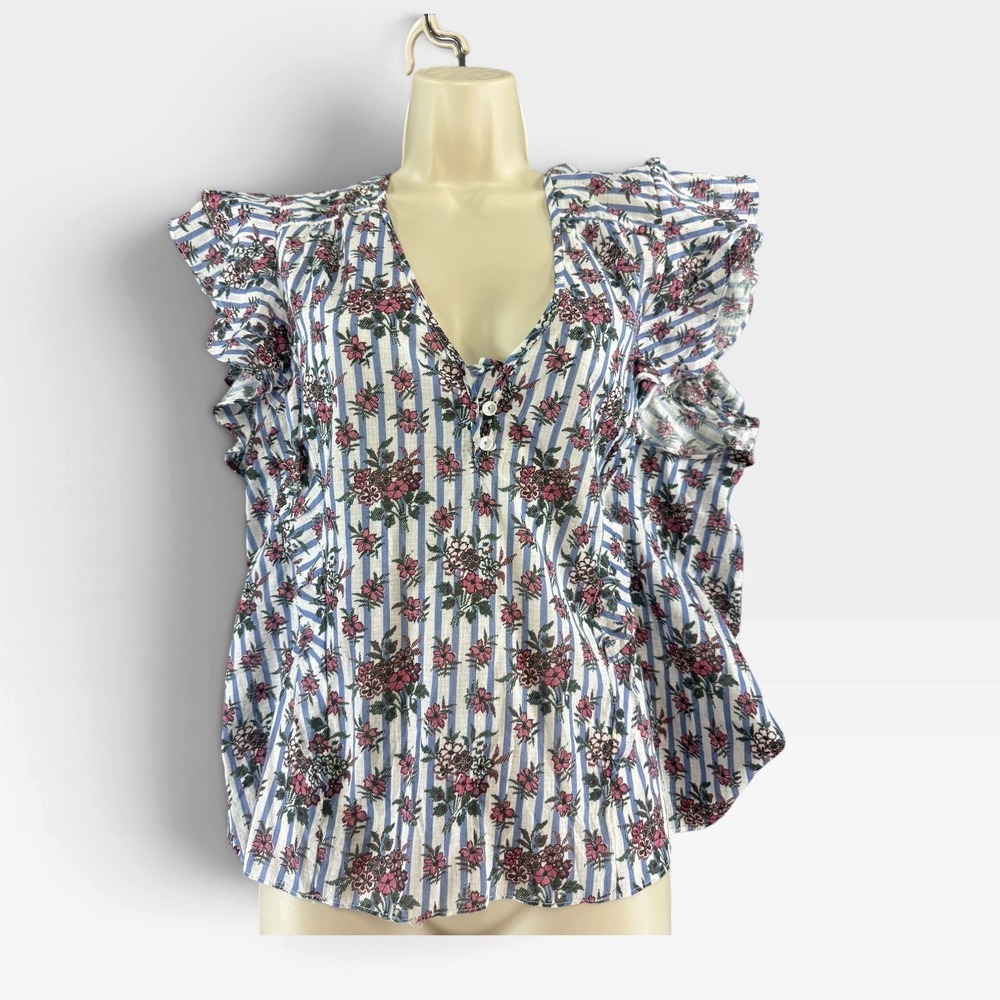 Veronica Beard Floral Stripe Flutter Sleeve V-Neck Cotton Top Blue Pink Size 14